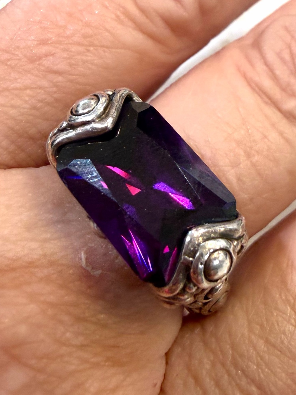 Vintage Balinese 925 Sterling Silver Emerald Cut Purple Gemstone Statement Ring
